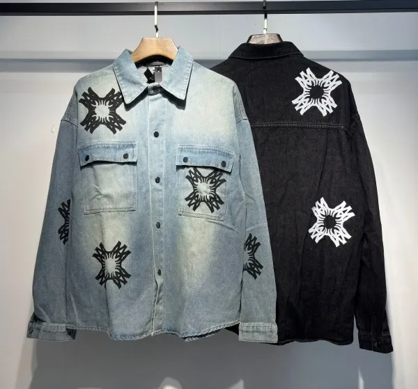 Denim Jacket with Abstract Star Motif Print Light Wash Denim-Jacket - 4