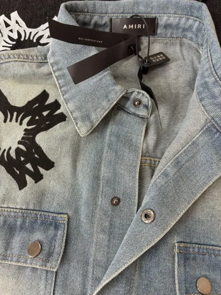 Denim Jacket with Abstract Star Motif Print Light Wash Denim-Jacket - 10