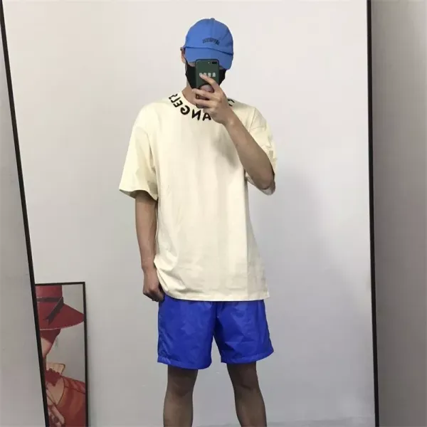 Design Oversized Graphic T-Shirt in Beige with Blue Shorts Set - 1