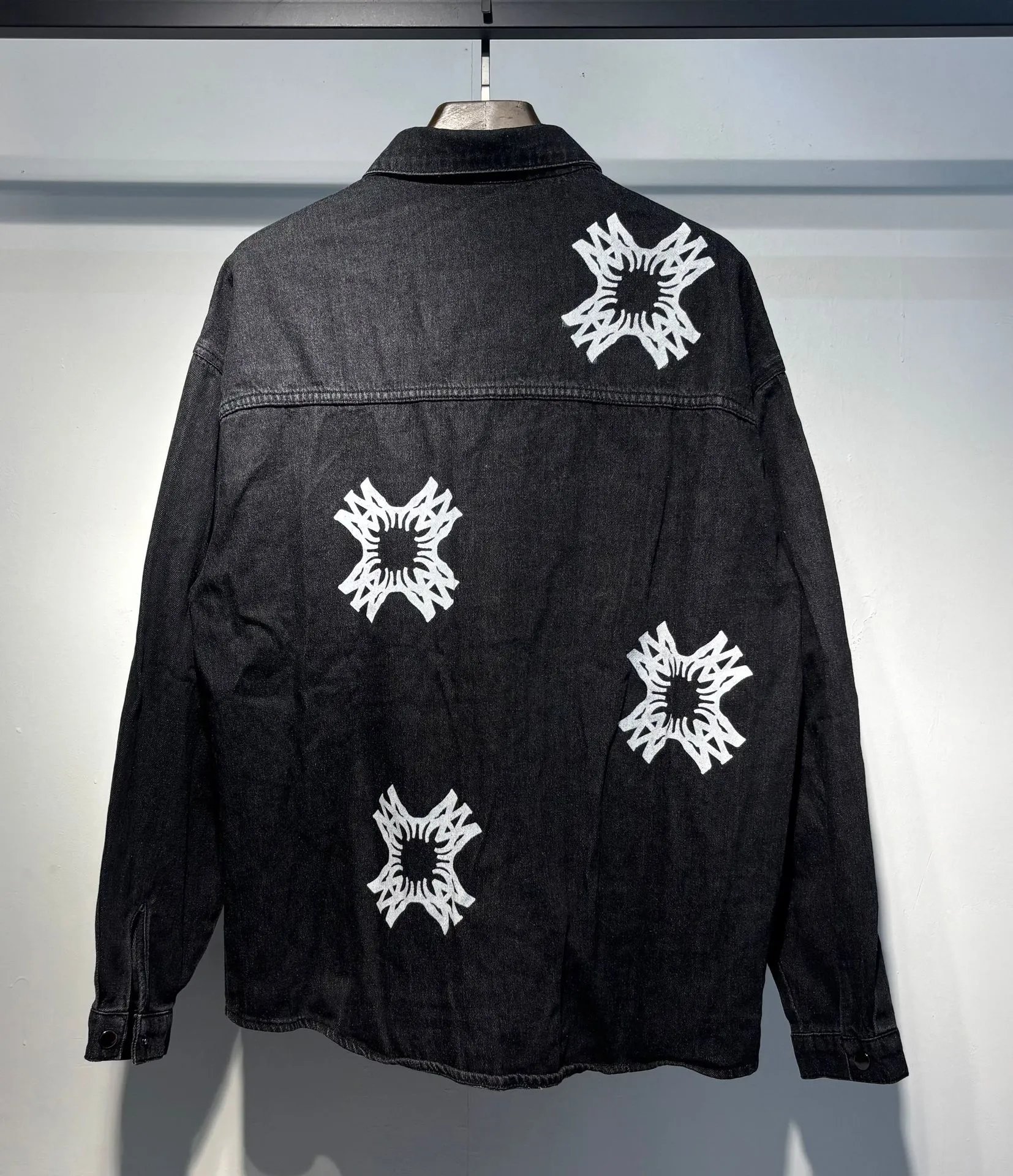 Denim Jacket with Abstract Star Motif Print Light Wash Denim-Jacket - 8