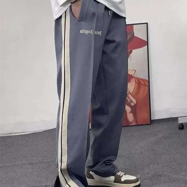 Palm Angels Track Pants Gray with Beige Stripe and Gothic Logo - 1