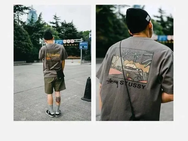 Stussy Tropical Scene Graphic T-Shirt Gray - 5