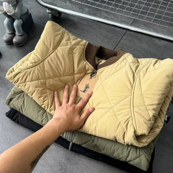 Stussy 8-Ball Quilted Bomber Jacket Beige and Olive Green Outerwear Jacket - 9