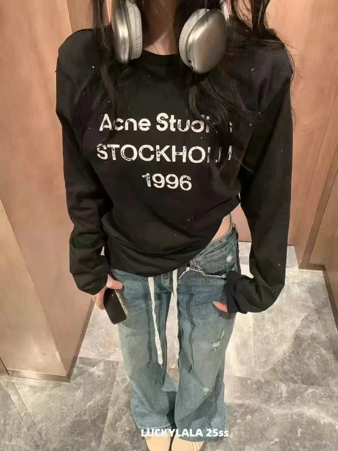 1996 Letter Print Distressed Rhinestone Long-Sleeved T-Shirt photo 3