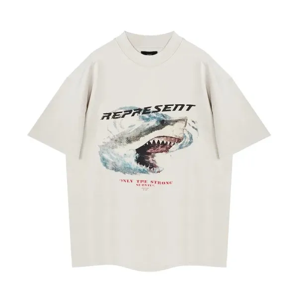 Represent Shark Graphic Oversized T-Shirt Beige - 1
