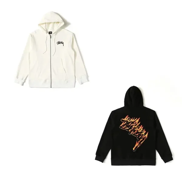 Stussy Flame Logo Zip-Up Hoodie Black and Off-White - 1