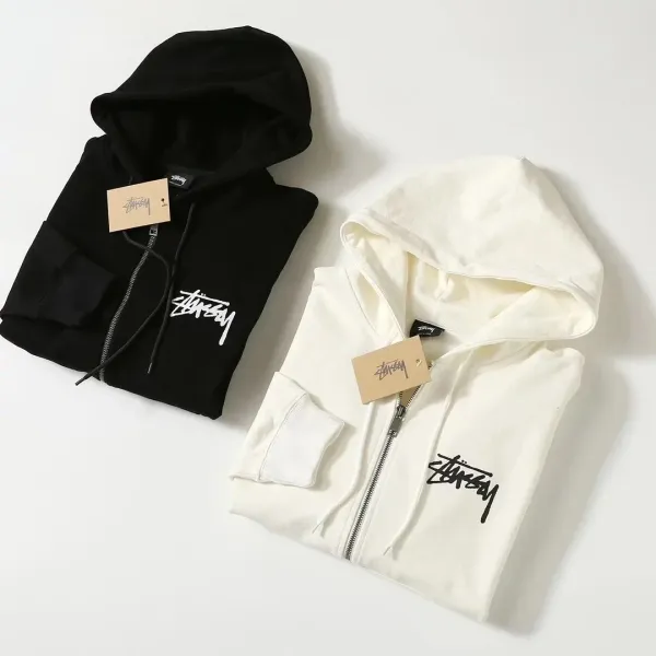 Stussy Flame Logo Zip-Up Hoodie Black and Off-White - 6
