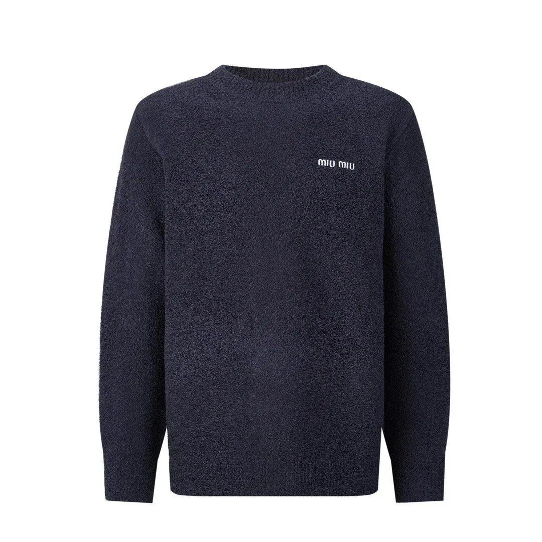Miu Miu Teddy Embroidered Crewneck Wool Sweater Navy