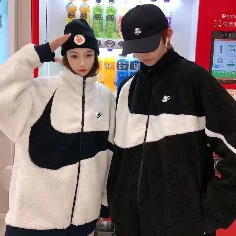 2026 Winter Jacket Sherpa Fleece Big Logo Unisex Reversible Coat Fleece Lined Couple Stand Collar Windbreaker