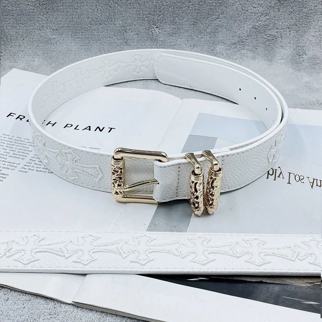 Gold [15 White Crosses on White Background - Thickened Roller] Chrome Hearts CH Sword Heart Belt