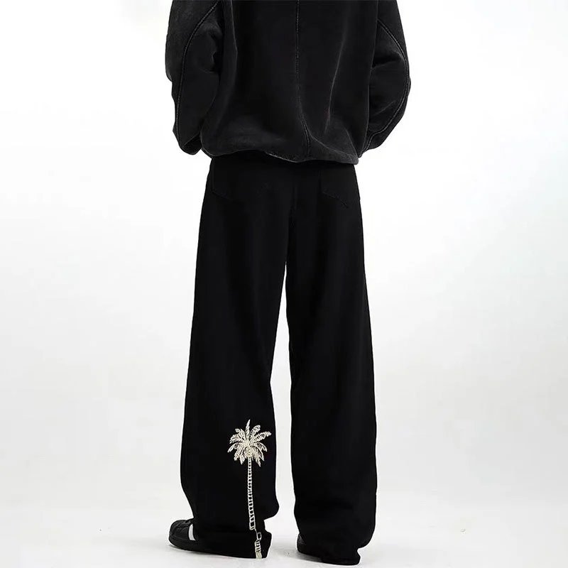 DX283 Retro Embroidered Jeans Men Women Autumn Winter Straight Leg Casual Wide Leg Black Pants Trendy