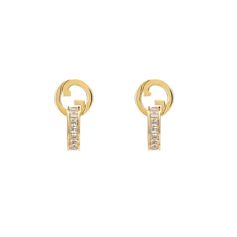 Interlocking Openwork Round Square Stone Stud Earrings (Gold)