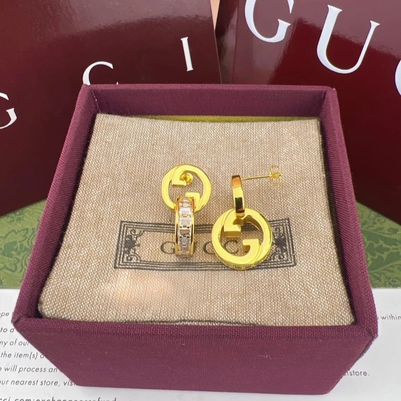 Gucci Interlocking G Openwork Round Earrings with Diamond Inlay Rectangle Zircon Studs Fashion Light Luxury Couple Style