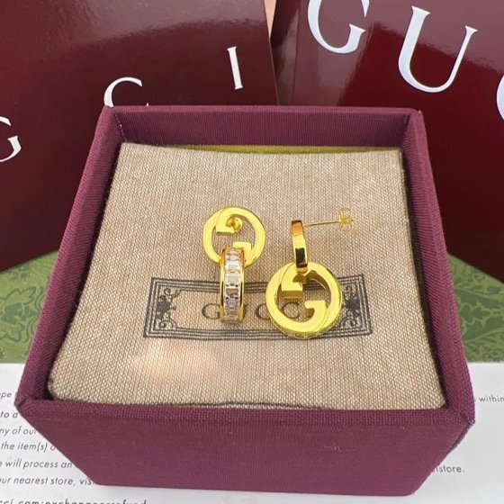 Gucci Interlocking G Openwork Round Earrings with Diamond Inlay Rectangle Zircon Studs Fashion Light Luxury Couple Style