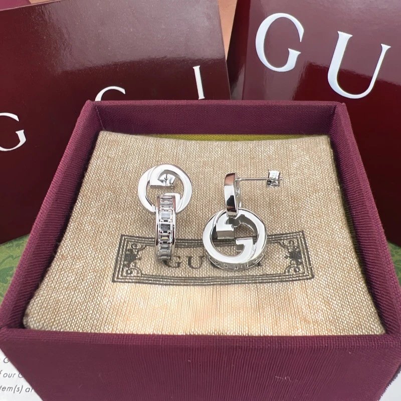 Interlocking Openwork Round Square Stone Stud Earrings (White Gold)