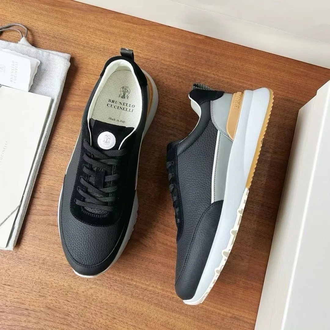 Brunello Men's Light Luxury New Arrival Leather Patchwork British Style Casual Sneakers Niche Trendy Shoes