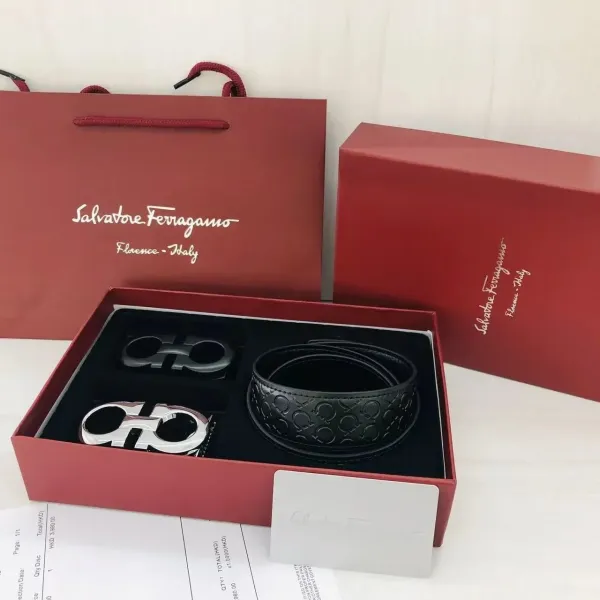 Salvatore Ferragamo Gancini Double-Buckle Leather Belt Set Black - 1