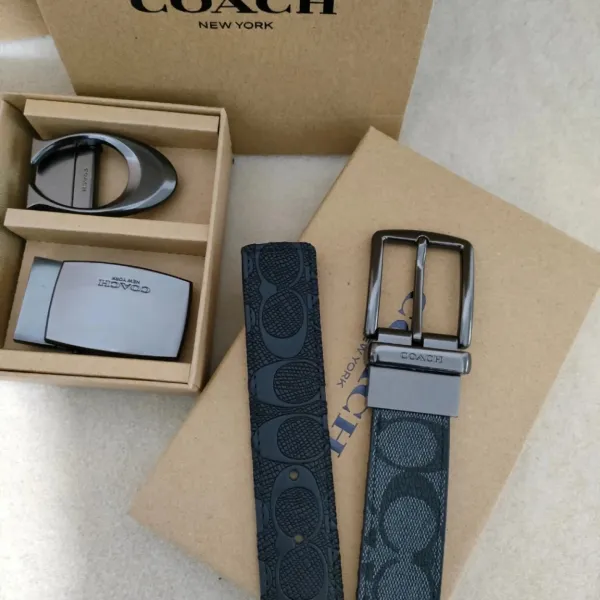 Coach Signature C-Shape Buckle Belt Black Leather Belt - 11