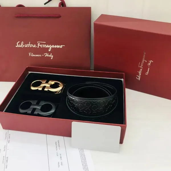 Salvatore Ferragamo Gancini Double-Buckle Leather Belt Set Black - 1