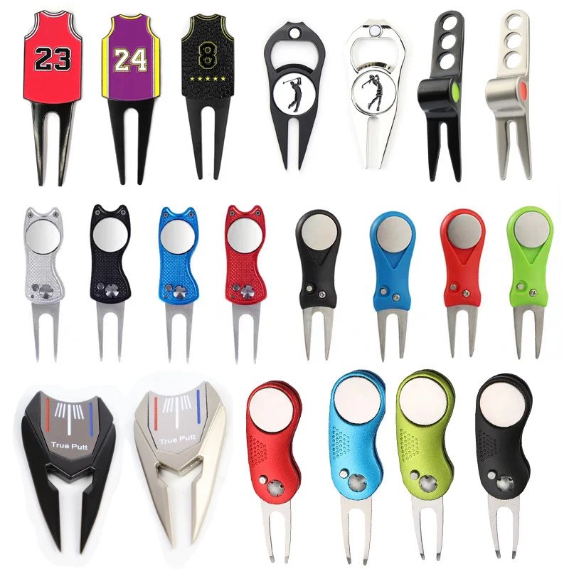 Golf Divot Repair Tool Fork Golf Green Tool Spring Fork 4 Colors with Ball Marker Lawn Repair Fork