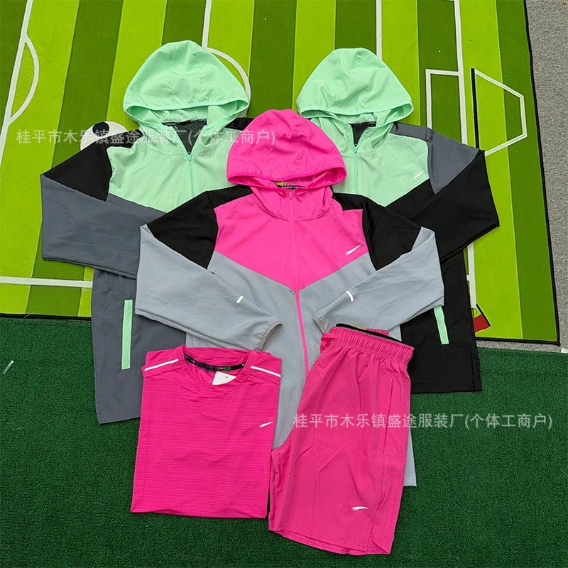 2026 cross-border three-piece quick-drying sports suit for men and women, color block hooded jacket, striped fitness running suit for men and women
