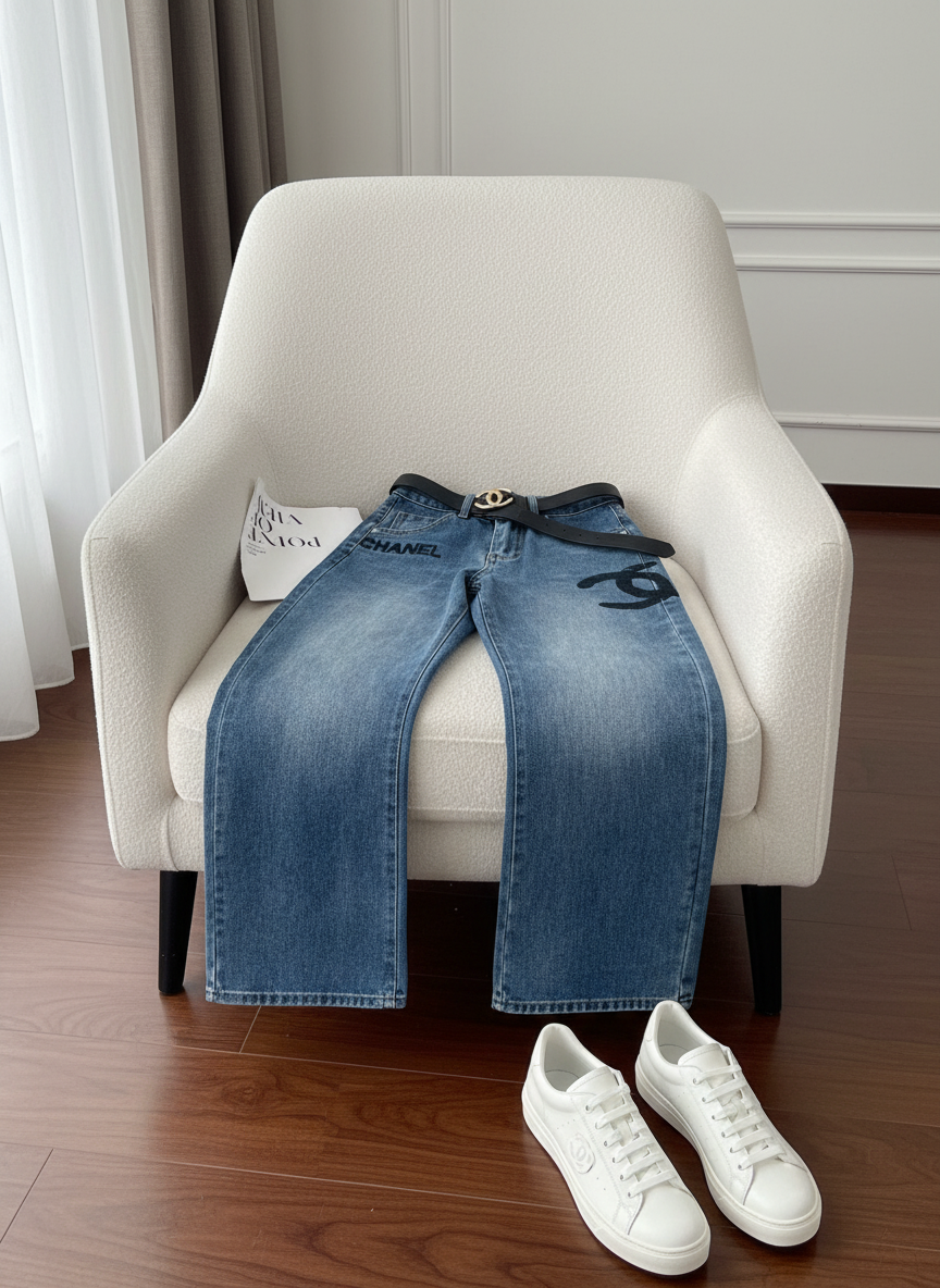 CHANEL Women Wide Leg Embroidered Denim Jeans