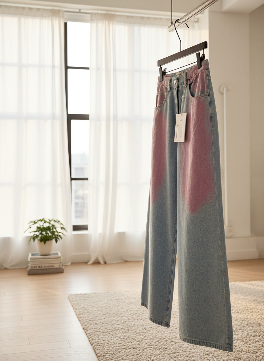 CHANEL Pink Blue Gradient High Waist Wide Leg Jeans