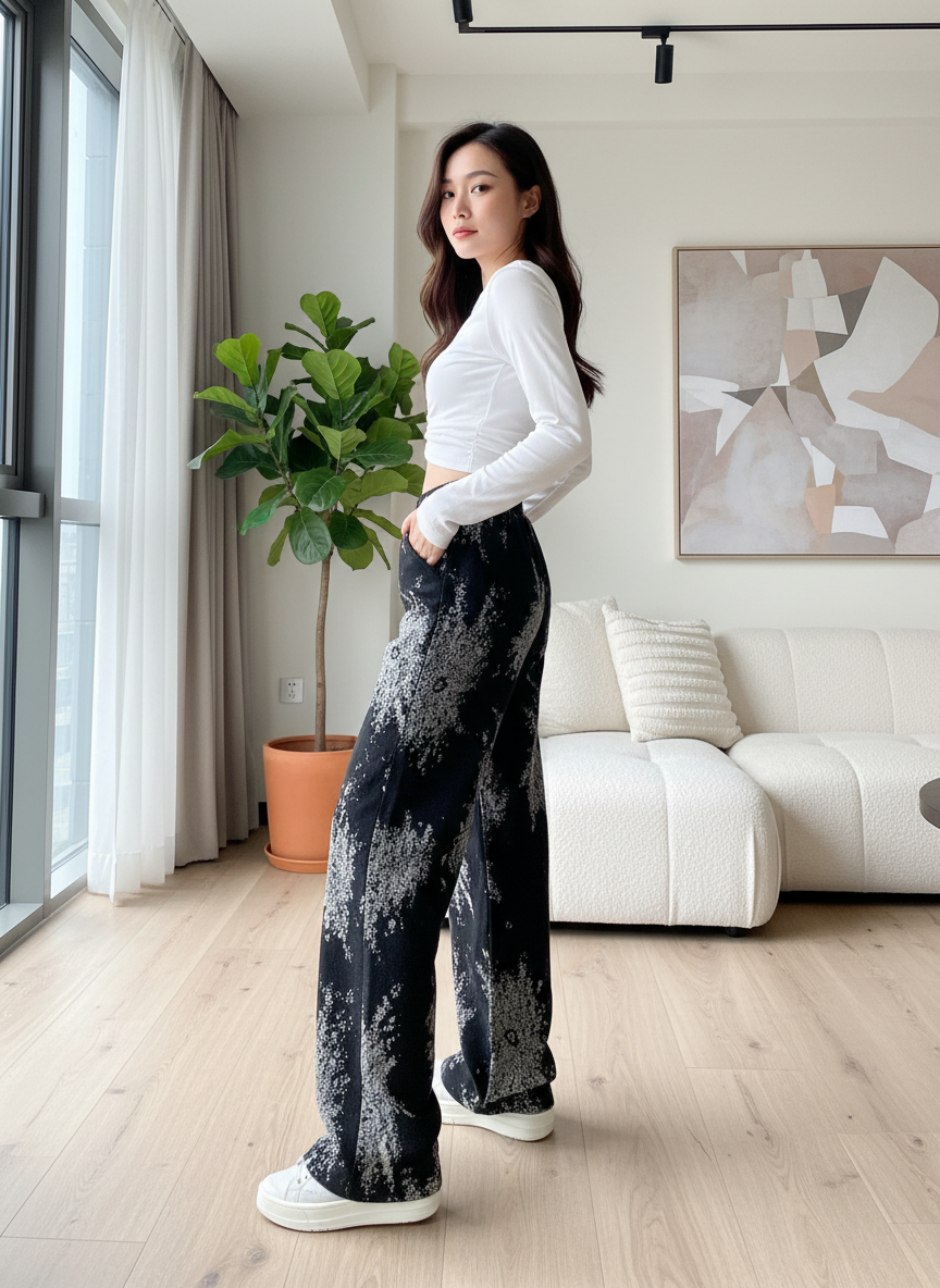 CHANEL Black Wide Leg Silver Pattern Pants