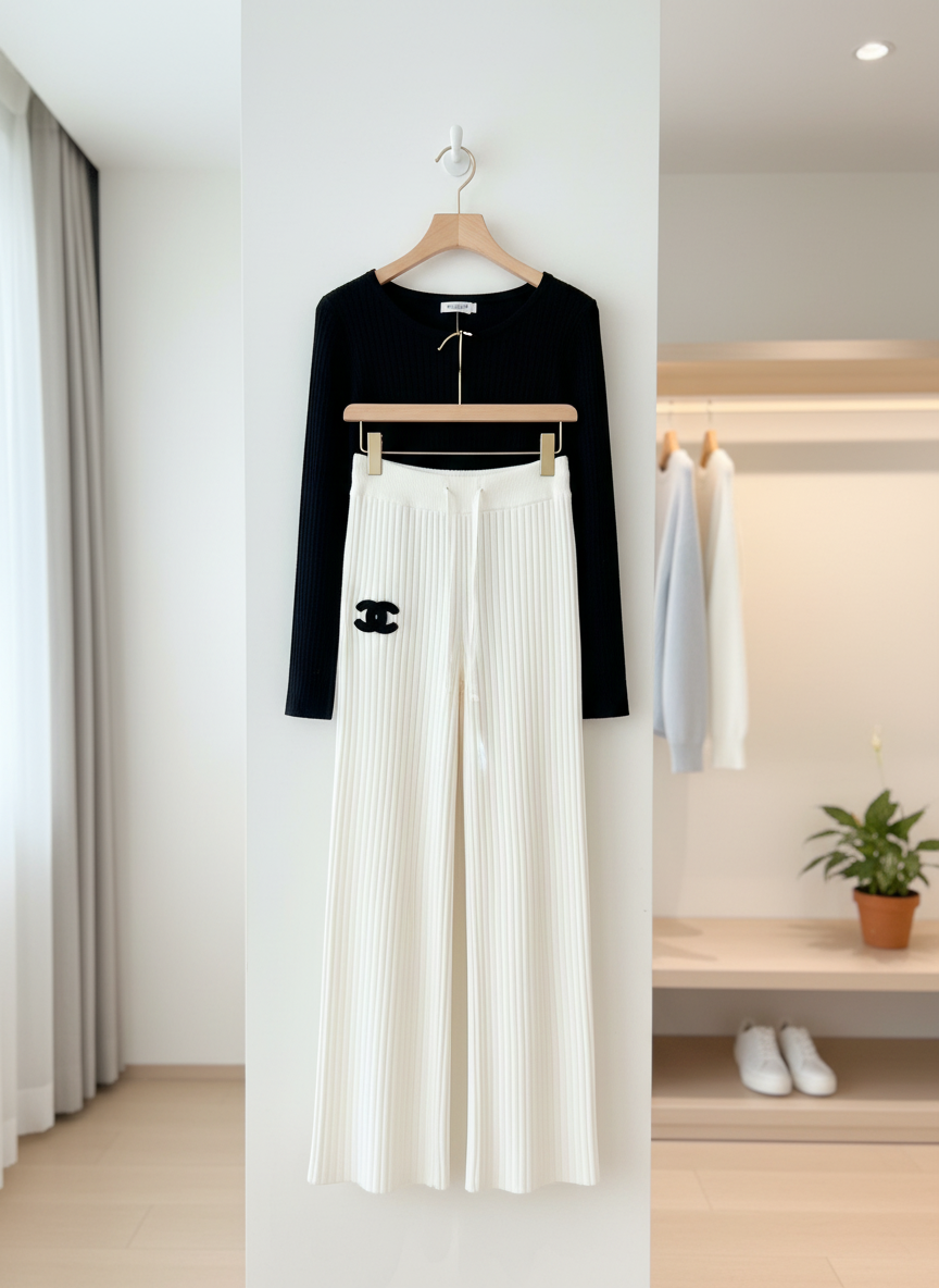 CHANEL Women Ribbed Knit Wide Leg Lounge Pants