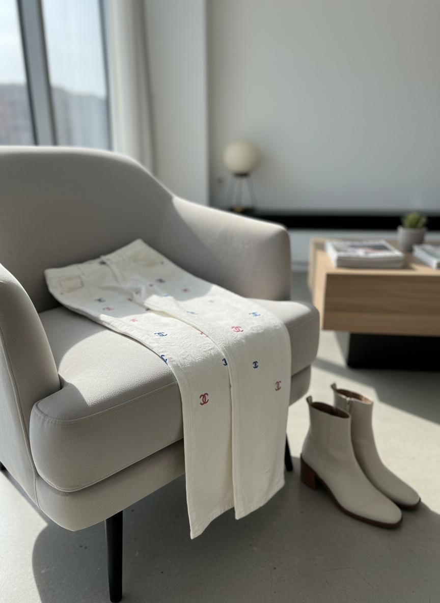 CHANEL White High Waist Wide Leg Logo Pants