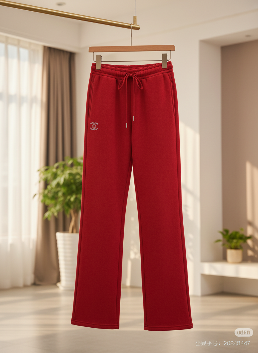 CHANEL Red High Waist Wide Leg Cotton Pants