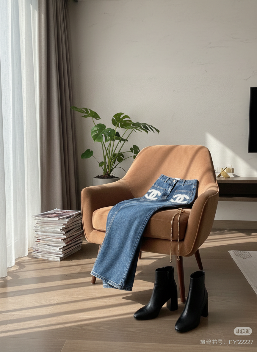 CHANEL Women Wide Leg Jeans Logo Embroidered Denim Pants