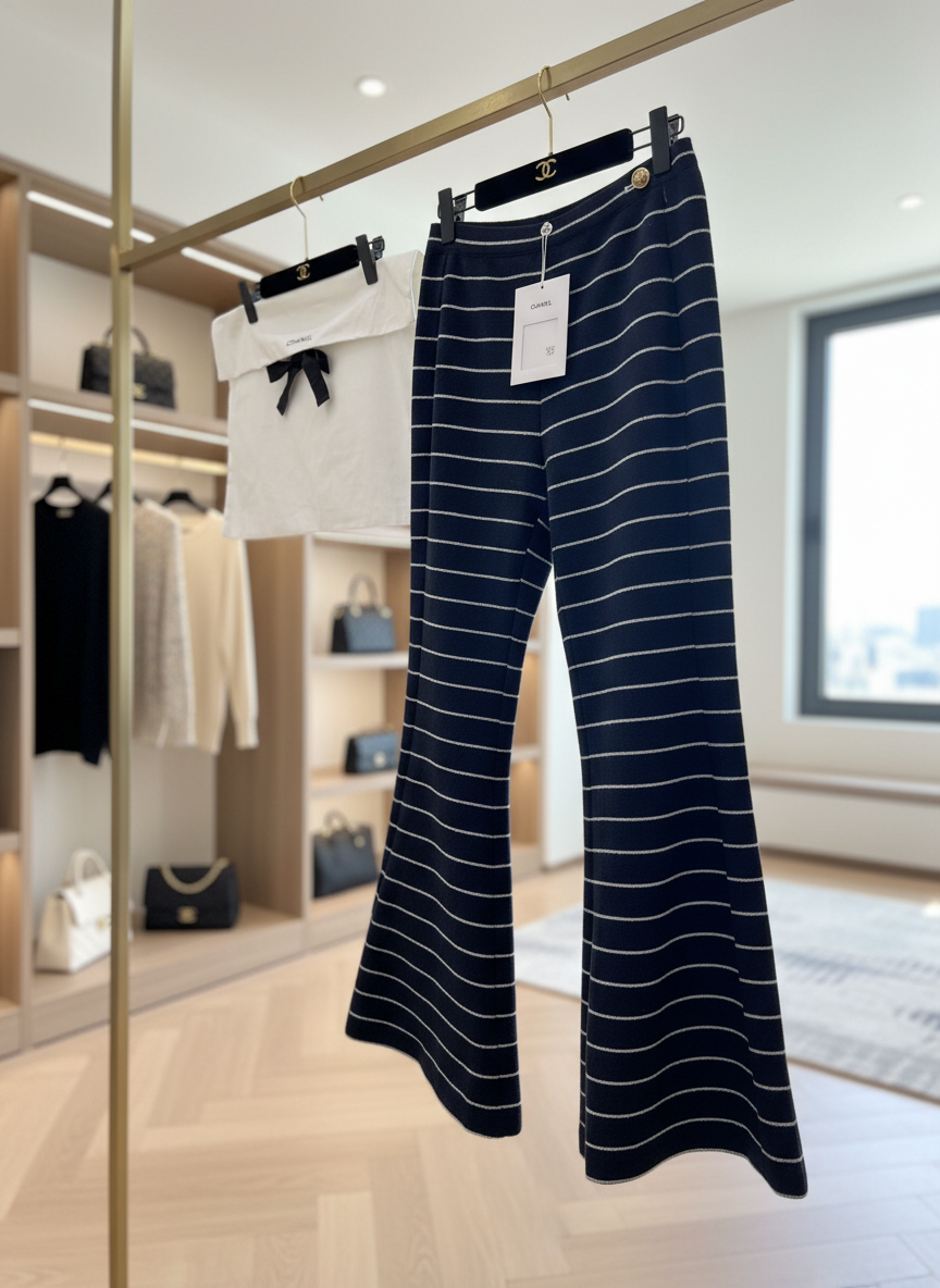 CHANEL Women Navy Striped Flare Pants High Waist Knit