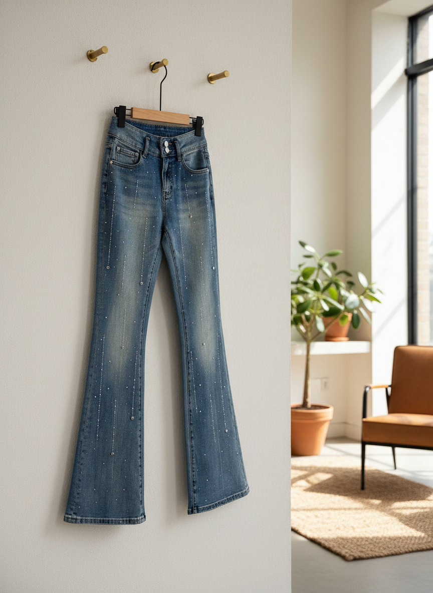 CHANEL Women Rhinestone Flared High Waist Denim Pants