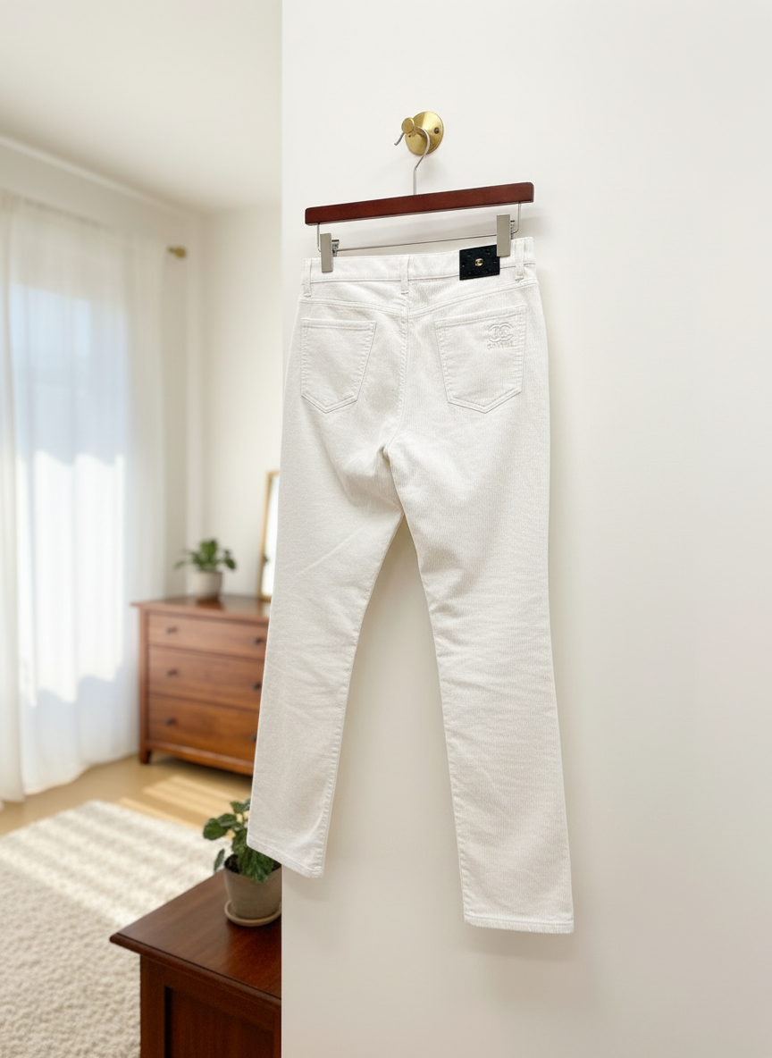 CHANEL White Textured High Waist Elegant Pants