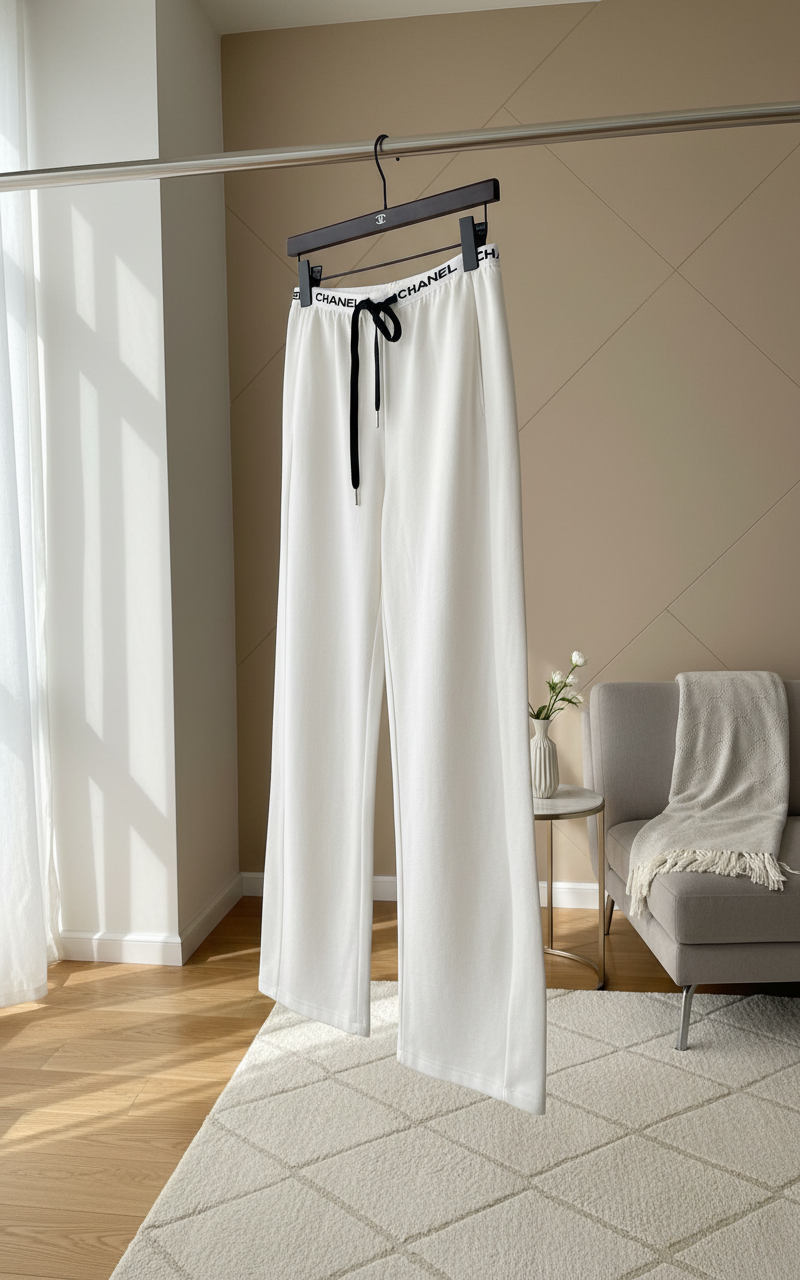 CHANEL White Wide Leg Logo Drawstring Pants