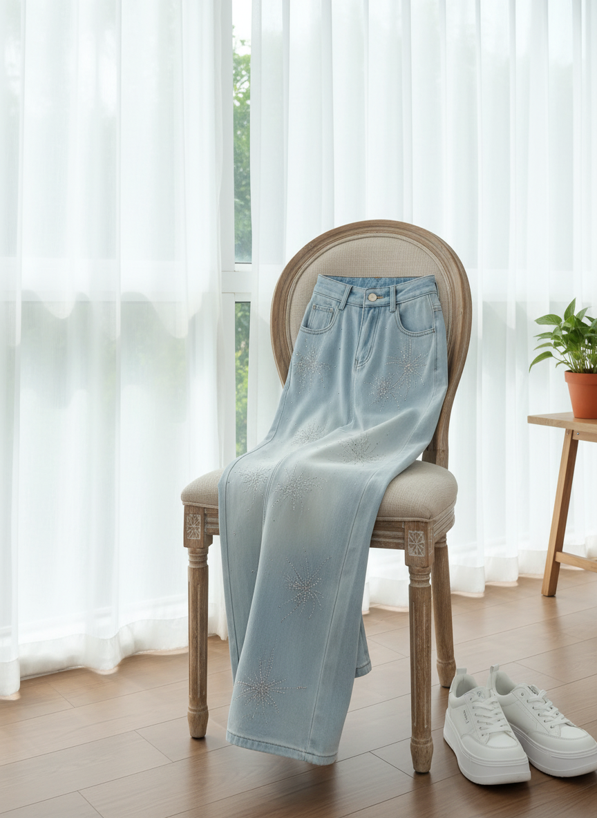 CHANEL Light Blue Crystal High Waist Wide Leg Jeans