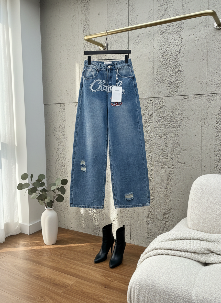CHANEL Women Wide Leg High Waist Distressed Jeans