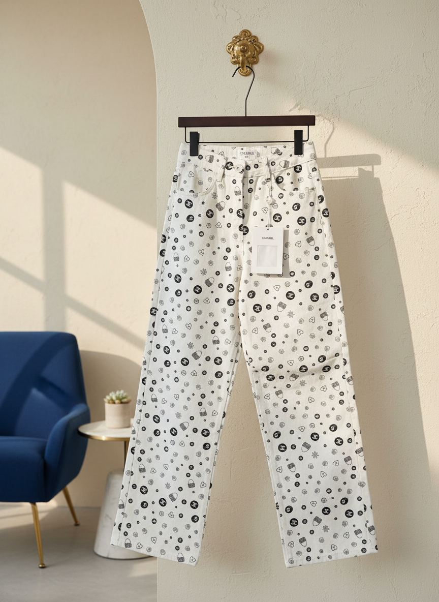 CHANEL High Waist White Logo Print Pants