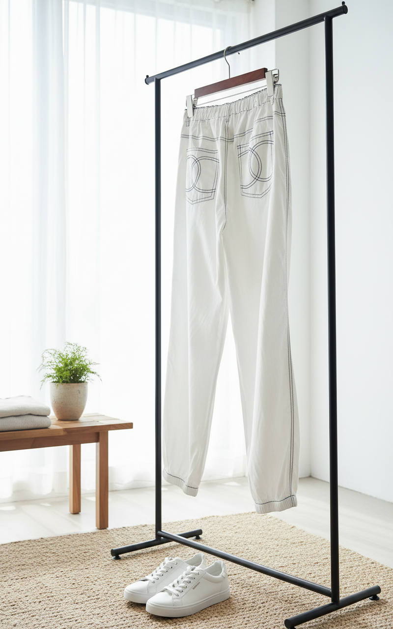 CHANEL White Elastic Waist Cuffed Casual Pants