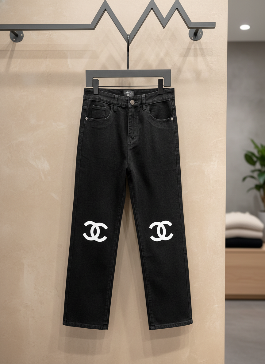CHANEL Black Denim Straight Leg Jeans Women