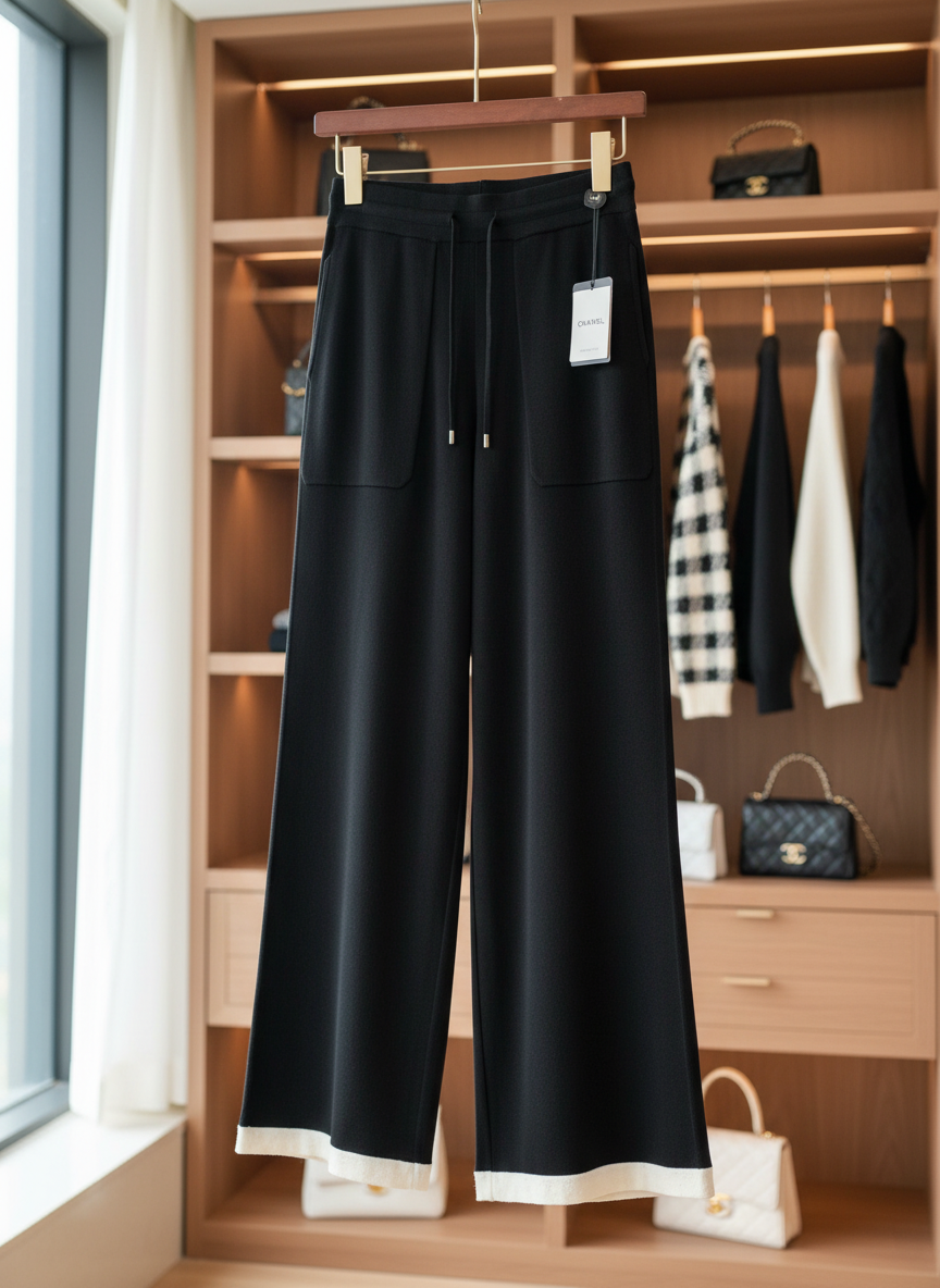 CHANEL Black Wide-Leg Pants Contrast Hem Drawstring