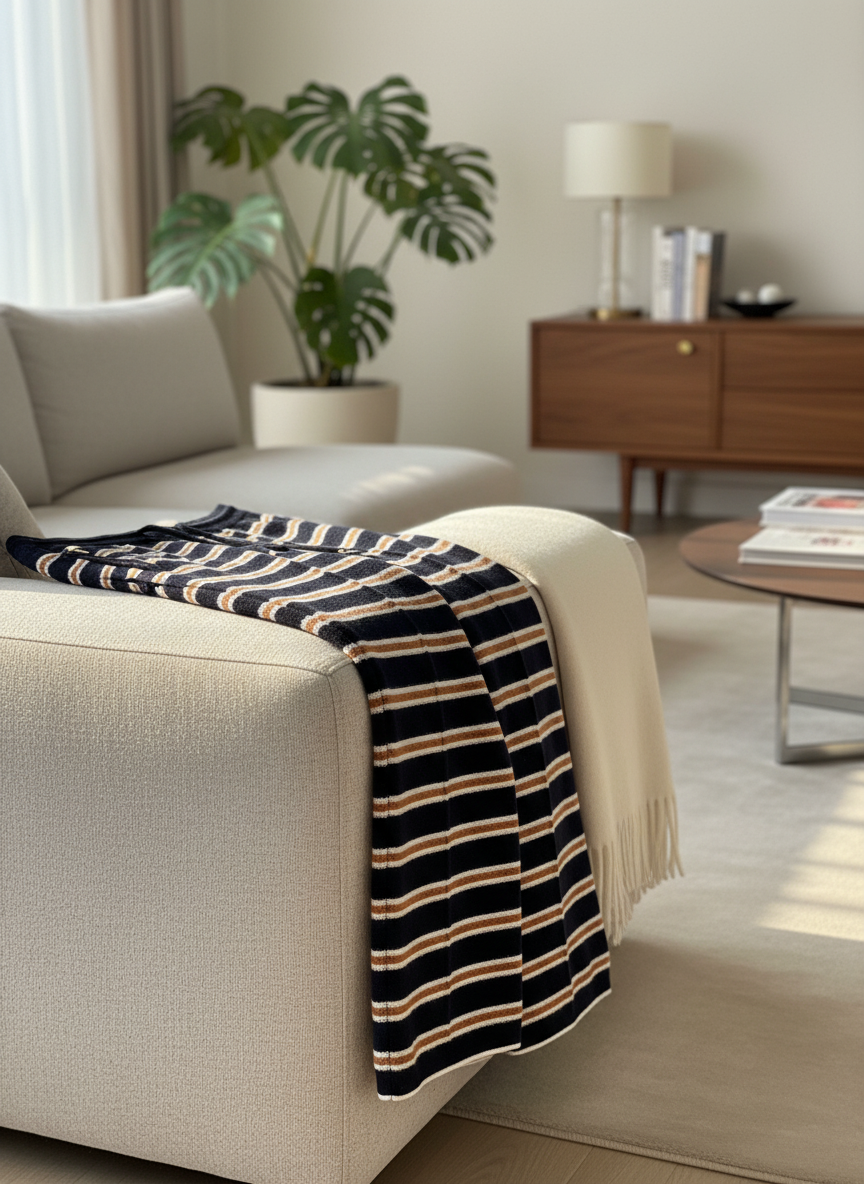 CHANEL Striped Knit Wide Leg Pants Navy White