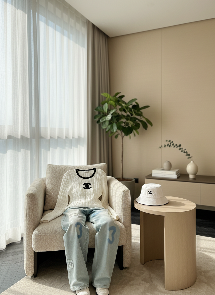 CHANEL Women Light Blue High Waist Wide Leg Jeans