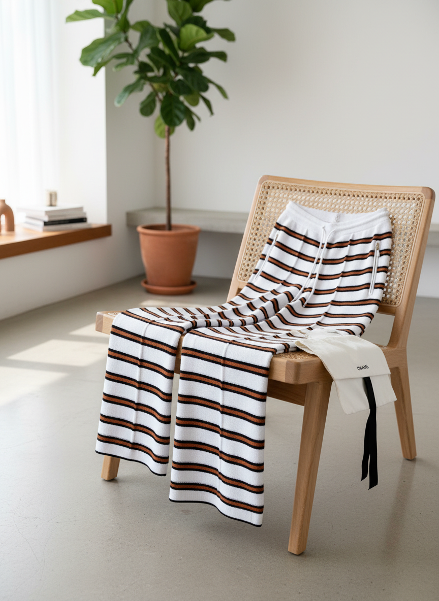 CHANEL Women Striped Wide-Leg Cotton Casual Pants