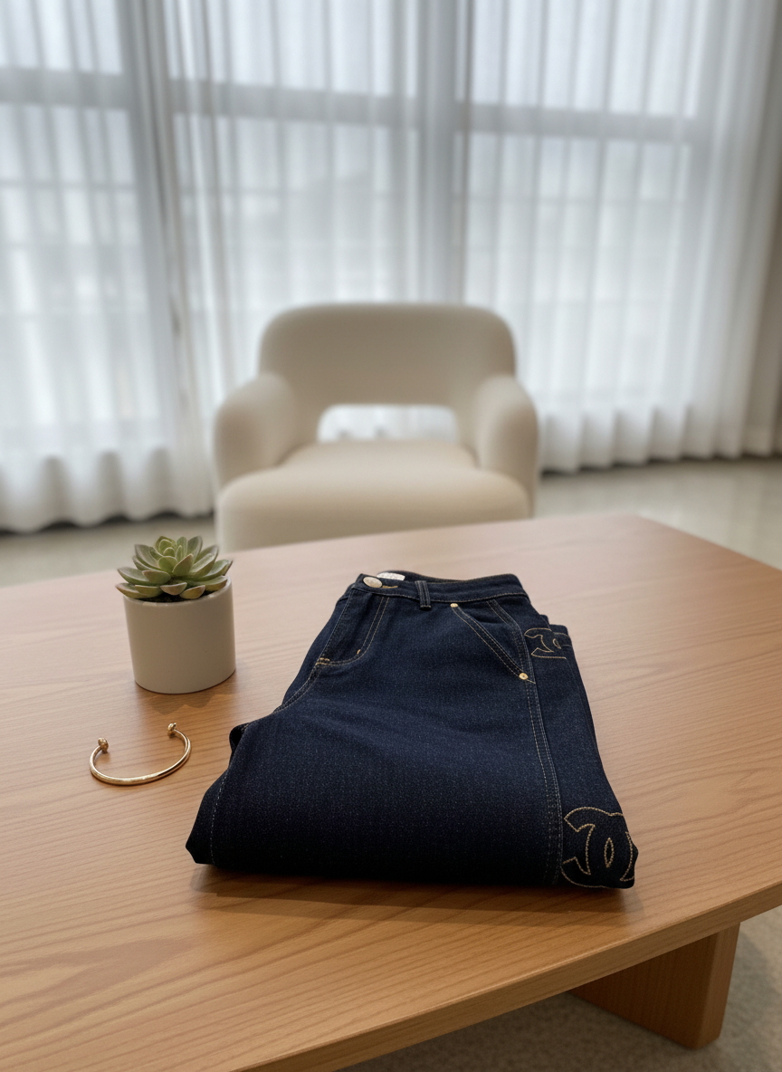 CHANEL High Waist Wide Leg Denim Jeans Women