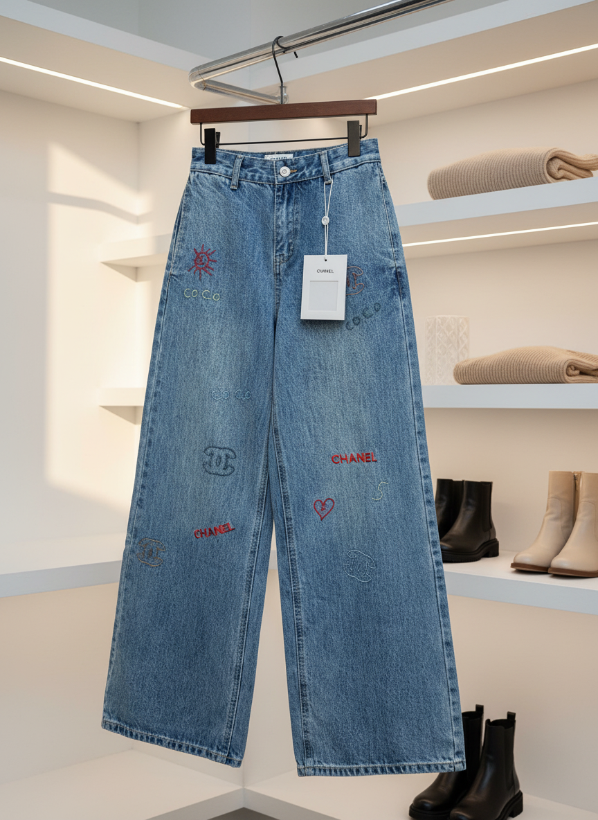 CHANEL Women Wide Leg High Waist Denim Jeans