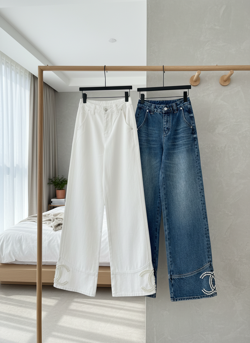 CHANEL Women Wide Leg Pants Pearl Detail Denim White