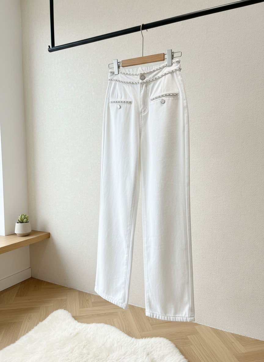 CHANEL White High Waist Wide Leg Pants