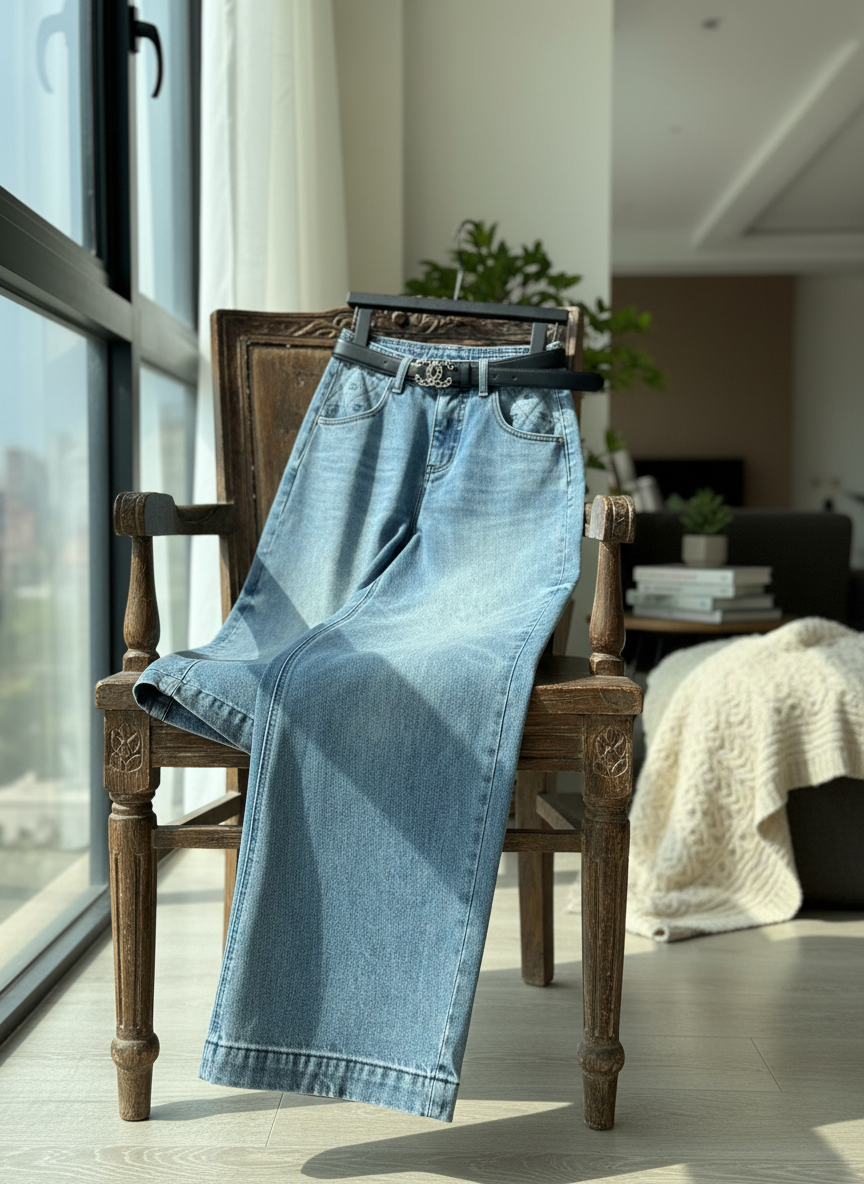 CHANEL Women High Waist Wide Leg Vintage Denim Pants